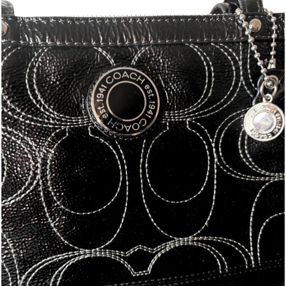 Coach Large Signature Black Patent Leather Shoulder Handbag - Picture 8 of 10